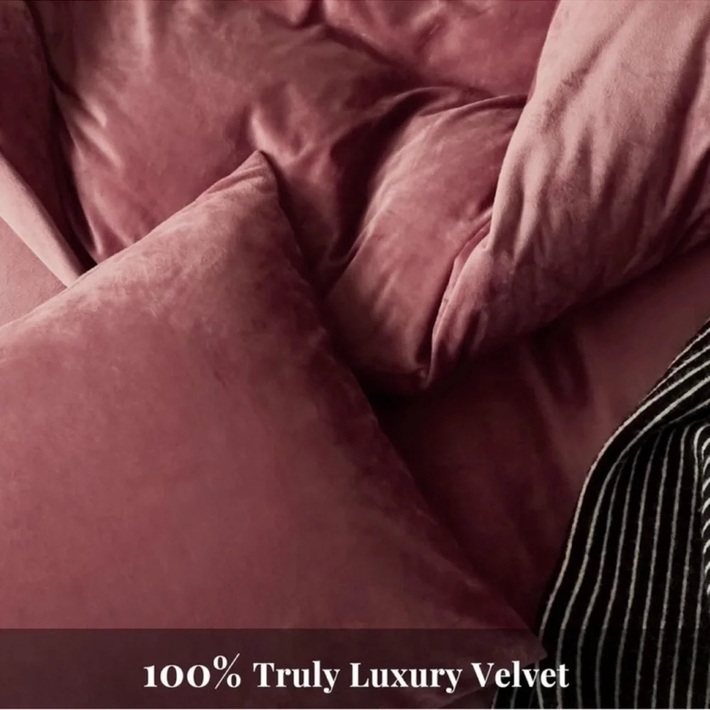 🆕 Pink Velvet Duvet Set Queen Pillow Shams Soft Cozy Warm Luxury Bedding Hotel
